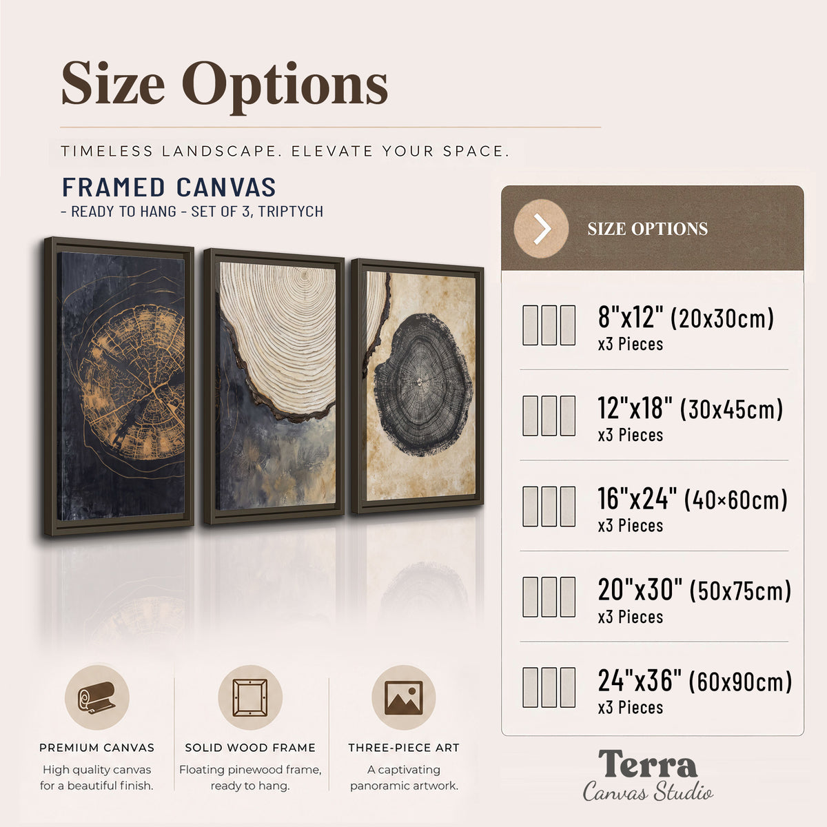 Circular tree-ring motifs in charcoal, cream and gold tones 3 piece framed canvas wall art available dimensions; triptych dimensions are per panel