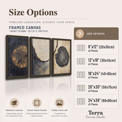 Circular tree-ring motifs in charcoal, cream and gold tones 3 piece framed canvas wall art available dimensions; triptych dimensions are per panel