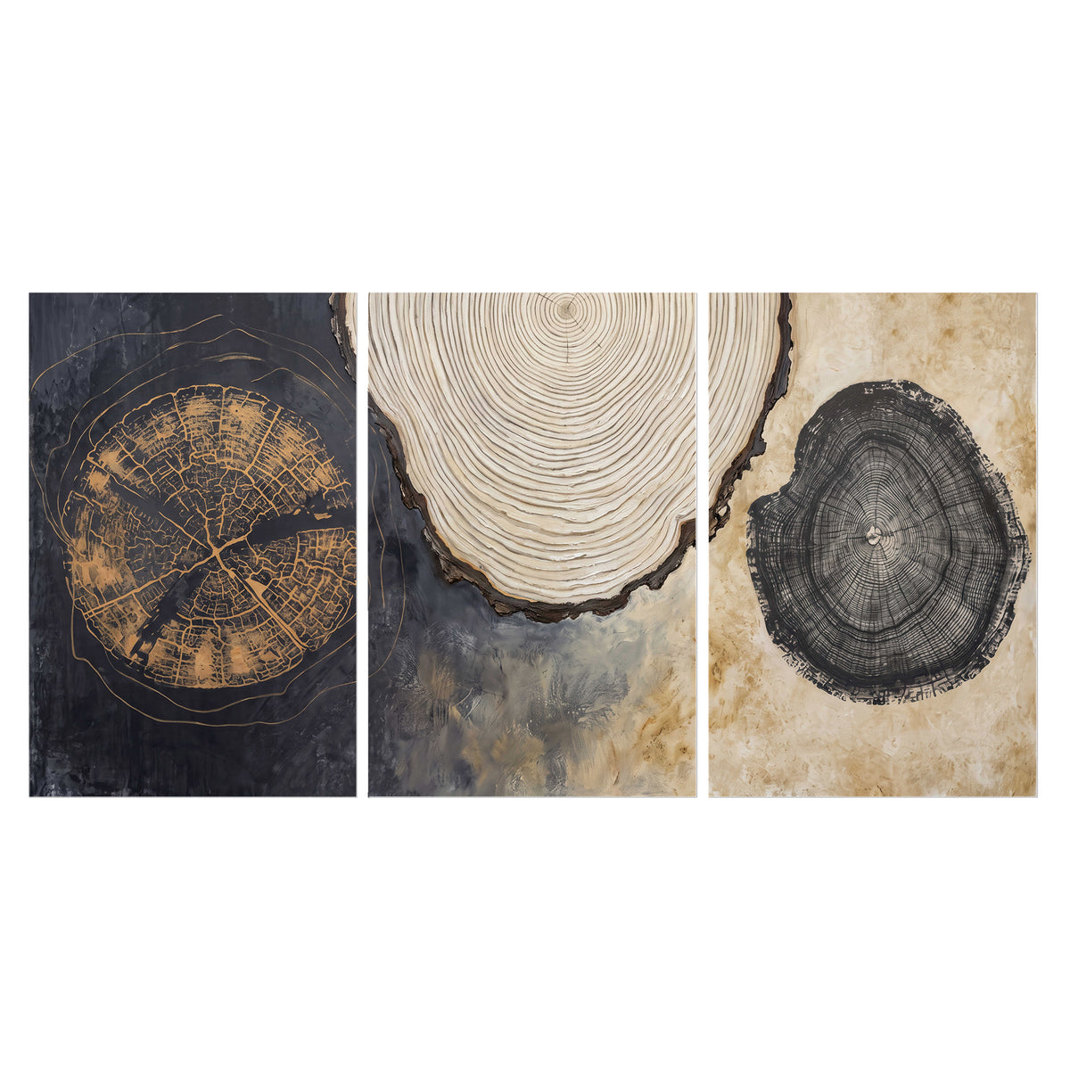 Circular tree-ring motifs in charcoal, cream and gold tones set of 3 poster prints viewed straight on