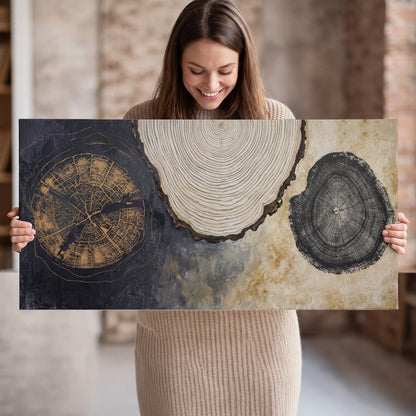 Circular tree-ring motifs in charcoal, cream and gold tones single canvas wall art held in hands