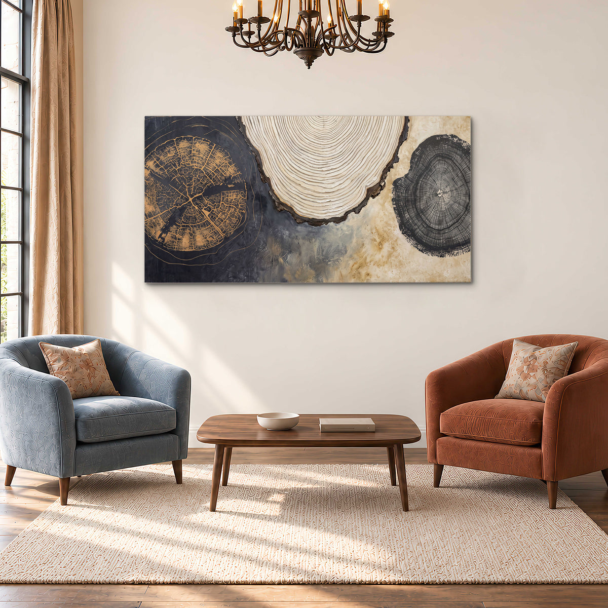 Circular tree-ring motifs in charcoal, cream and gold tones single canvas wall art styled in an interior