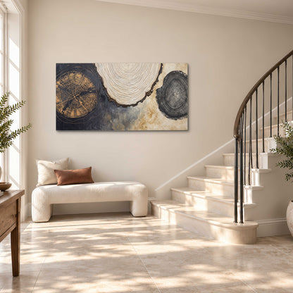 Circular tree-ring motifs in charcoal, cream and gold tones single canvas wall art styled in an interior