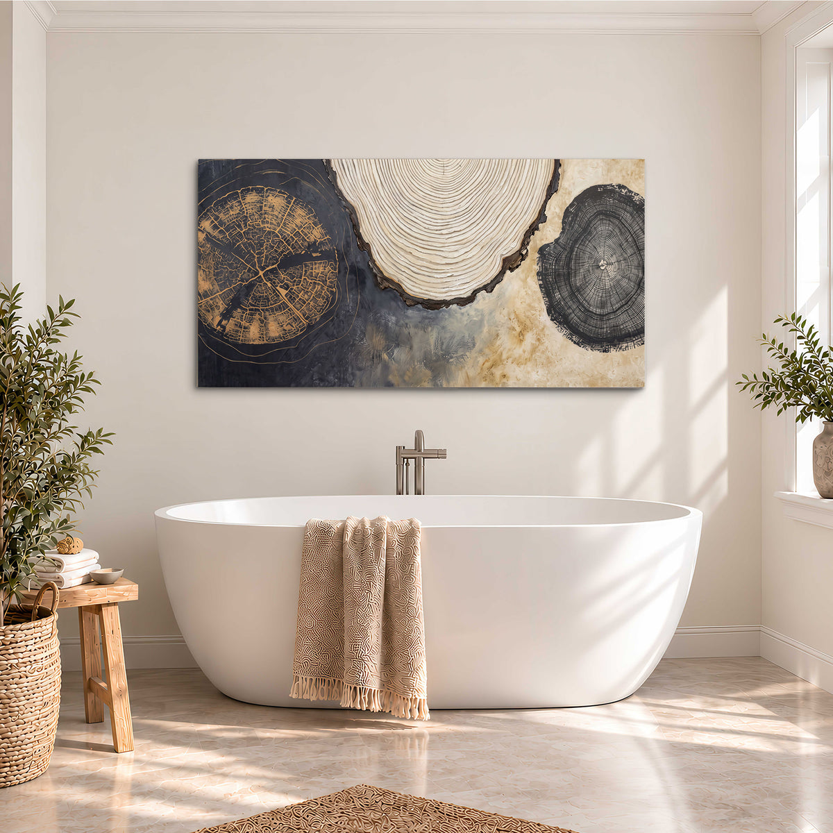 Circular tree-ring motifs in charcoal, cream and gold tones single canvas wall art styled in an interior