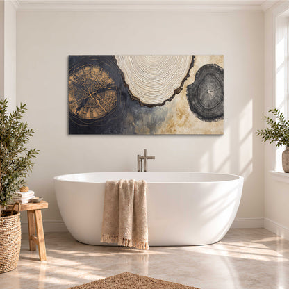 Circular tree-ring motifs in charcoal, cream and gold tones single canvas wall art styled in an interior