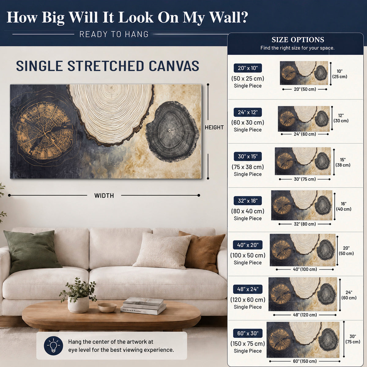 Circular tree-ring motifs in charcoal, cream and gold tones single canvas wall art size guide above a sofa; room view is illustrative