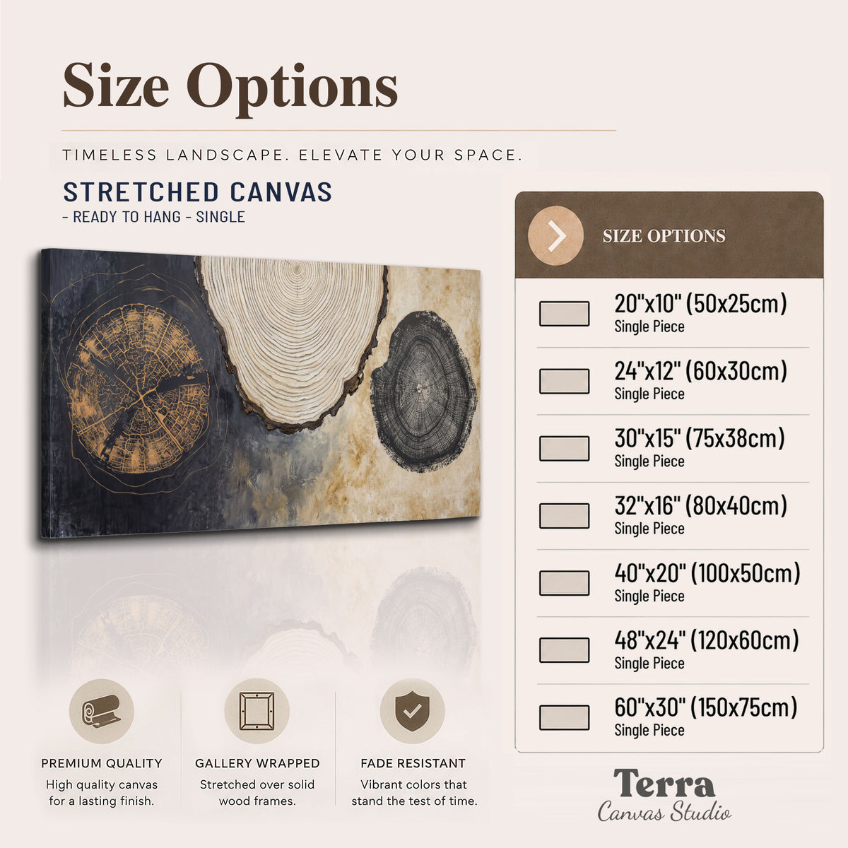 Circular tree-ring motifs in charcoal, cream and gold tones single canvas wall art available dimensions