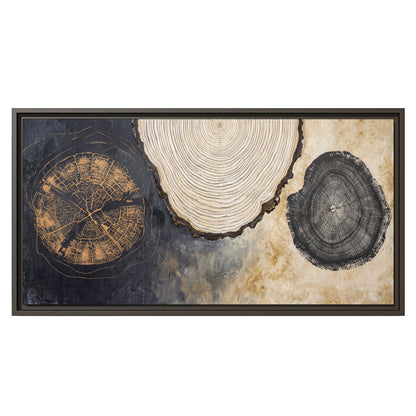 Circular tree-ring motifs in charcoal, cream and gold tones single framed canvas wall art viewed straight on