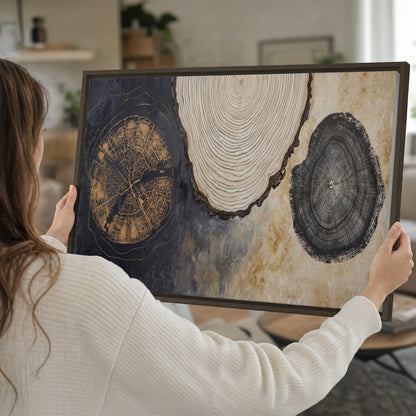 Circular tree-ring motifs in charcoal, cream and gold tones single framed canvas wall art held in hands