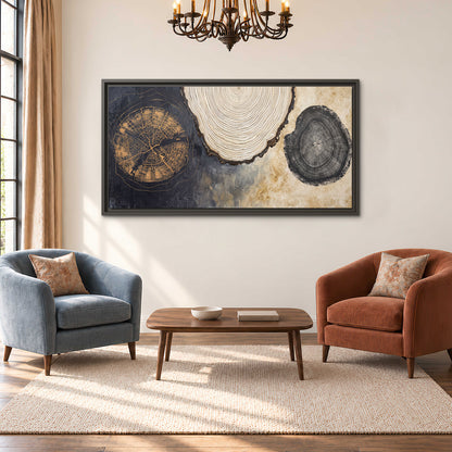 Circular tree-ring motifs in charcoal, cream and gold tones single framed canvas wall art styled in an interior