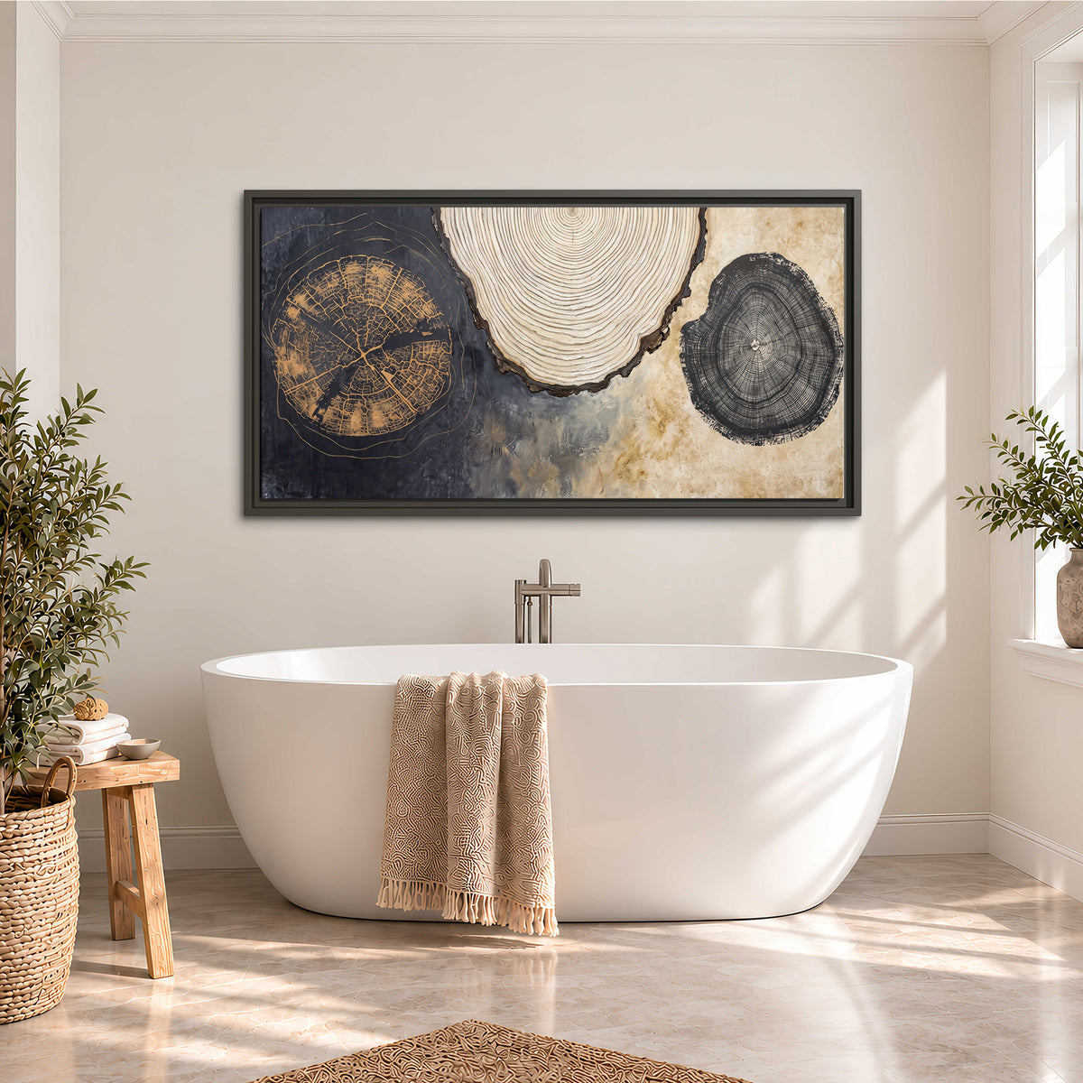 Circular tree-ring motifs in charcoal, cream and gold tones single framed canvas wall art styled in an interior