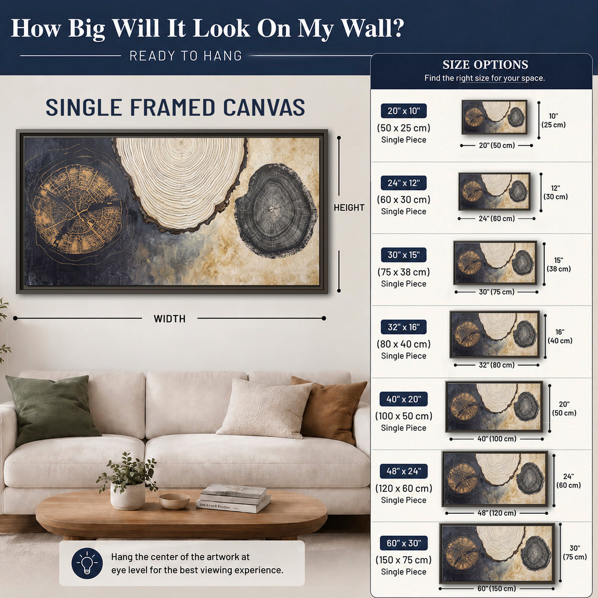 Circular tree-ring motifs in charcoal, cream and gold tones single framed canvas wall art size guide above a sofa; room view is illustrative