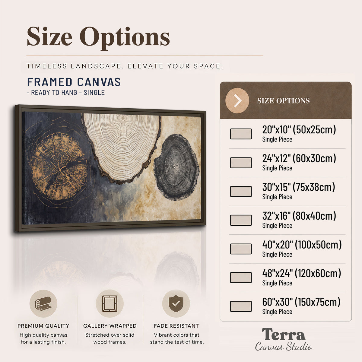 Circular tree-ring motifs in charcoal, cream and gold tones single framed canvas wall art available dimensions