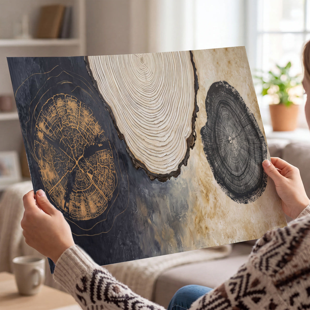 Circular tree-ring motifs in charcoal, cream and gold tones single poster print held in hands