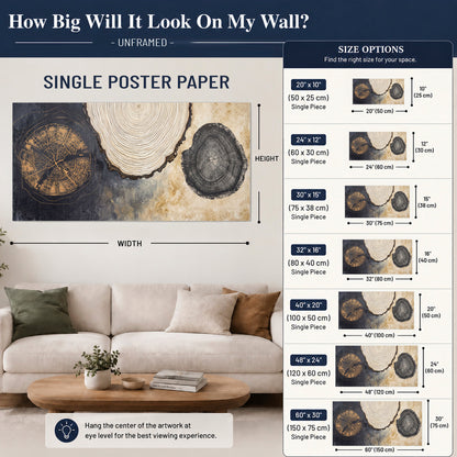 Circular tree-ring motifs in charcoal, cream and gold tones single poster print size guide above a sofa; room view is illustrative