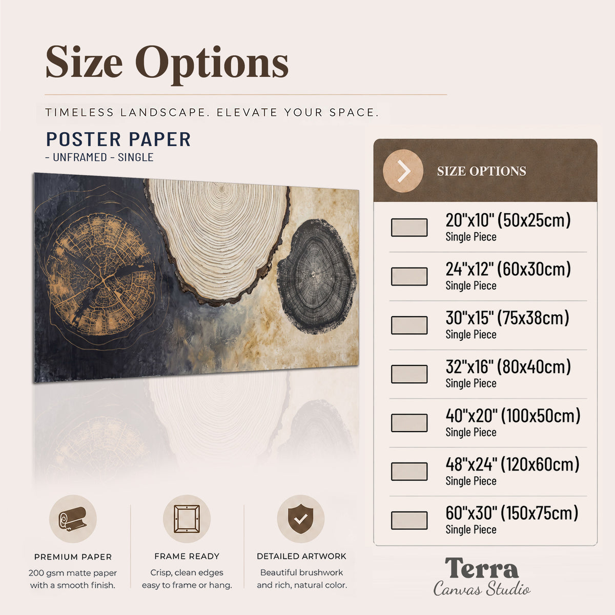 Circular tree-ring motifs in charcoal, cream and gold tones single poster print available dimensions
