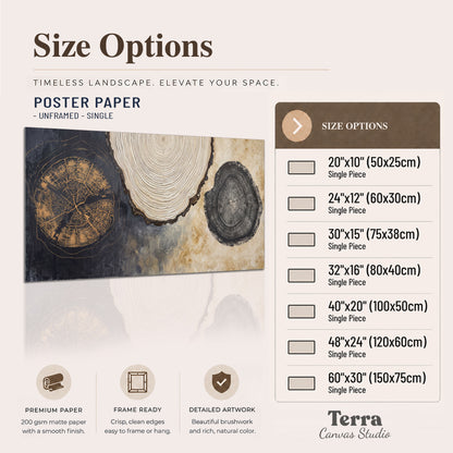 Circular tree-ring motifs in charcoal, cream and gold tones single poster print available dimensions