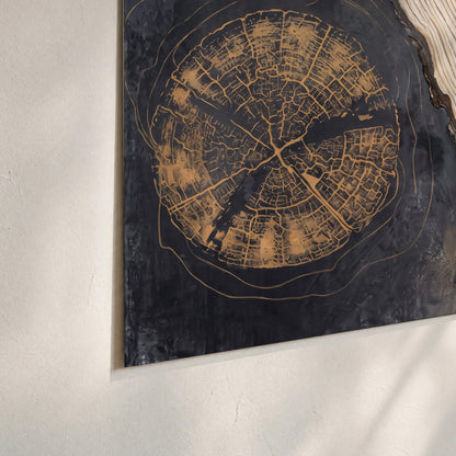 Circular tree-ring motifs in charcoal, cream and gold tones set of 3 poster prints material and edge close up