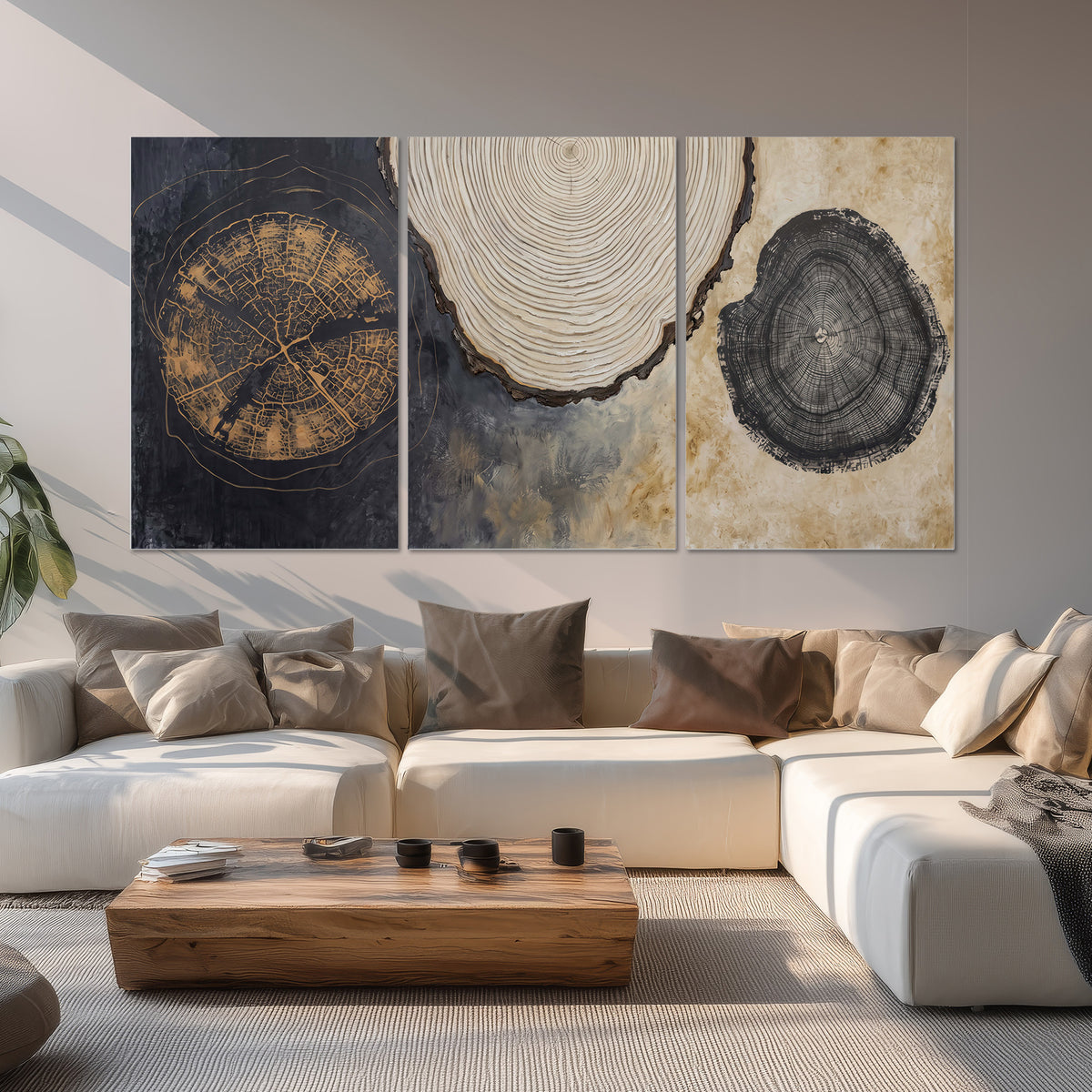 Circular tree-ring motifs in charcoal, cream and gold tones set of 3 poster prints displayed in a living room