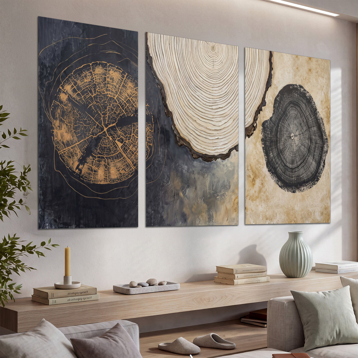 Circular tree-ring motifs in charcoal, cream and gold tones set of 3 poster prints displayed in a console