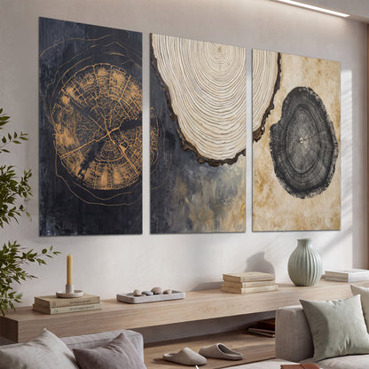 Circular tree-ring motifs in charcoal, cream and gold tones set of 3 poster prints displayed in a console