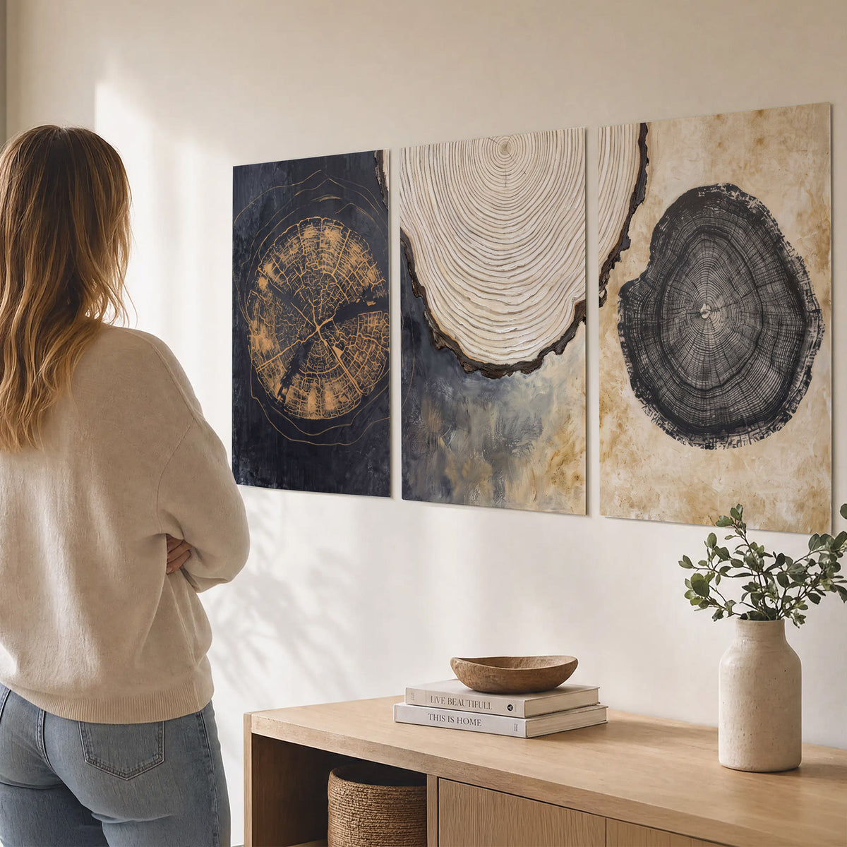 Circular tree-ring motifs in charcoal, cream and gold tones set of 3 poster prints three panel arrangement on a wall