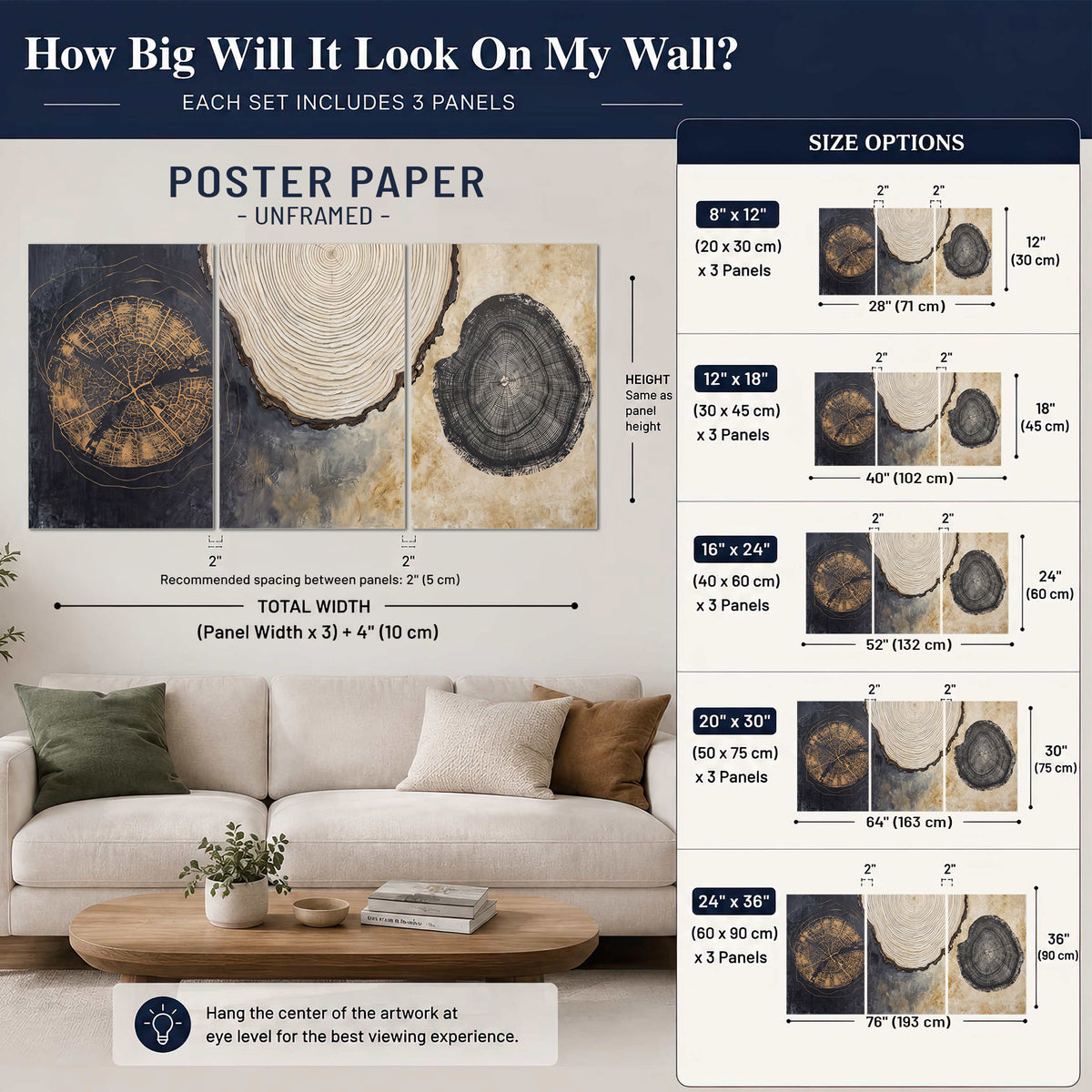 Circular tree-ring motifs in charcoal, cream and gold tones set of 3 poster prints size guide above a sofa; room view is illustrative