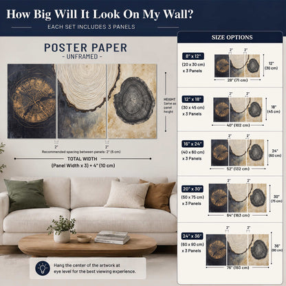 Circular tree-ring motifs in charcoal, cream and gold tones set of 3 poster prints size guide above a sofa; room view is illustrative