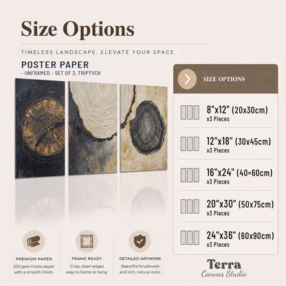 Circular tree-ring motifs in charcoal, cream and gold tones set of 3 poster prints available dimensions; triptych dimensions are per panel
