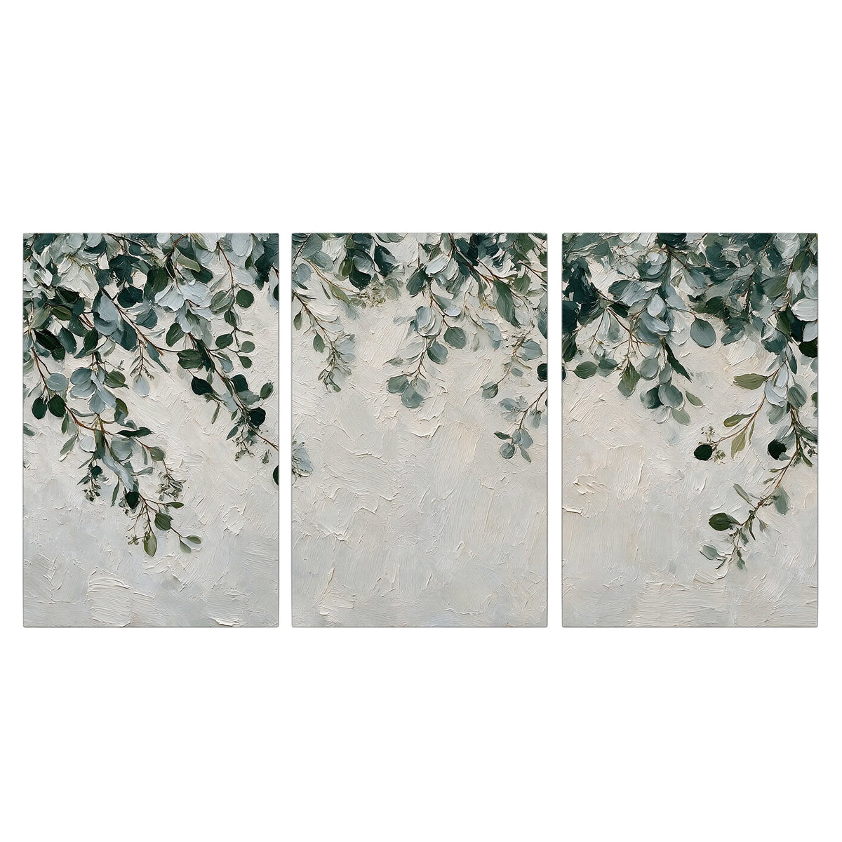Soft green eucalyptus branches on a cream background 3 piece canvas wall art viewed straight on