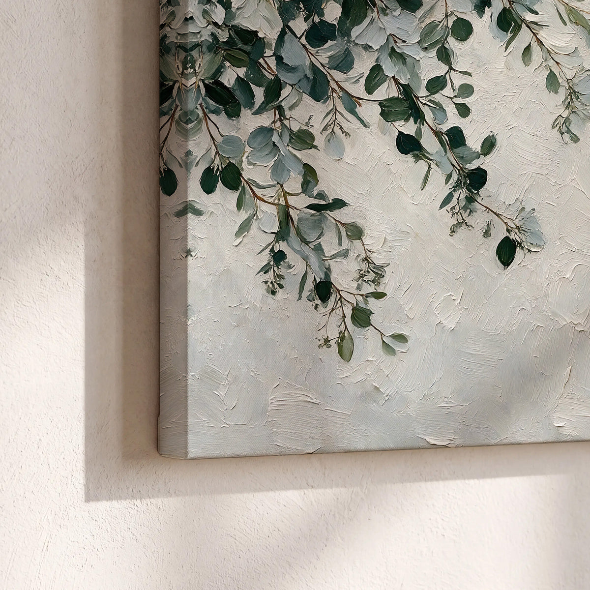 Soft green eucalyptus branches on a cream background 3 piece canvas wall art material and edge close up