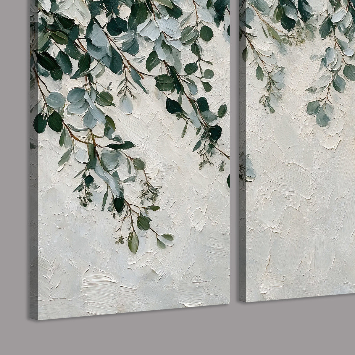 Soft green eucalyptus branches on a cream background 3 piece canvas wall art room and product view