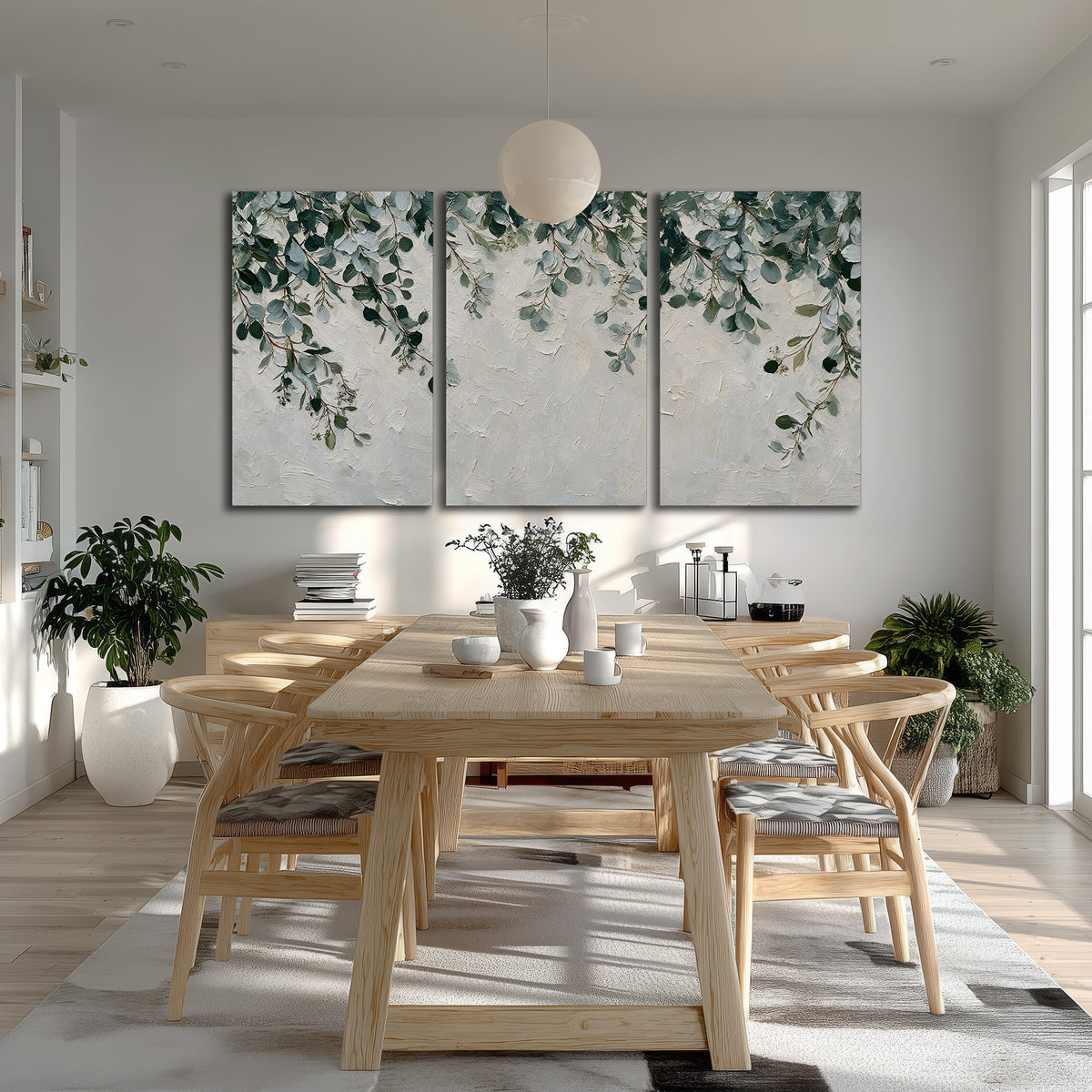 Soft green eucalyptus branches on a cream background 3 piece canvas wall art room and product view