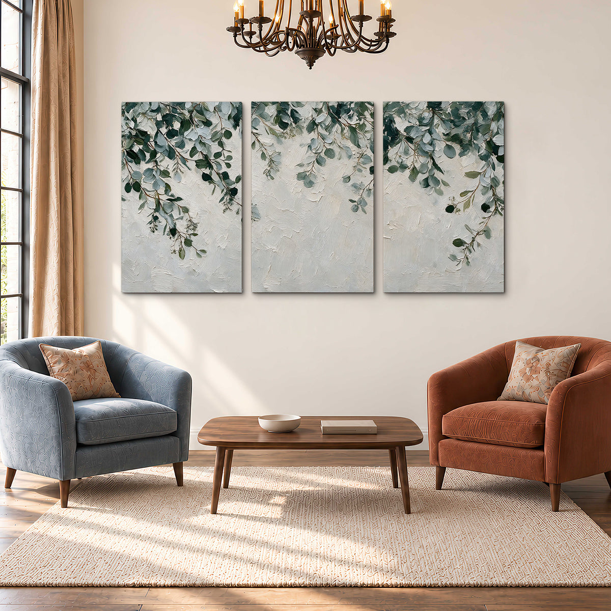 Soft green eucalyptus branches on a cream background 3 piece canvas wall art styled in an interior