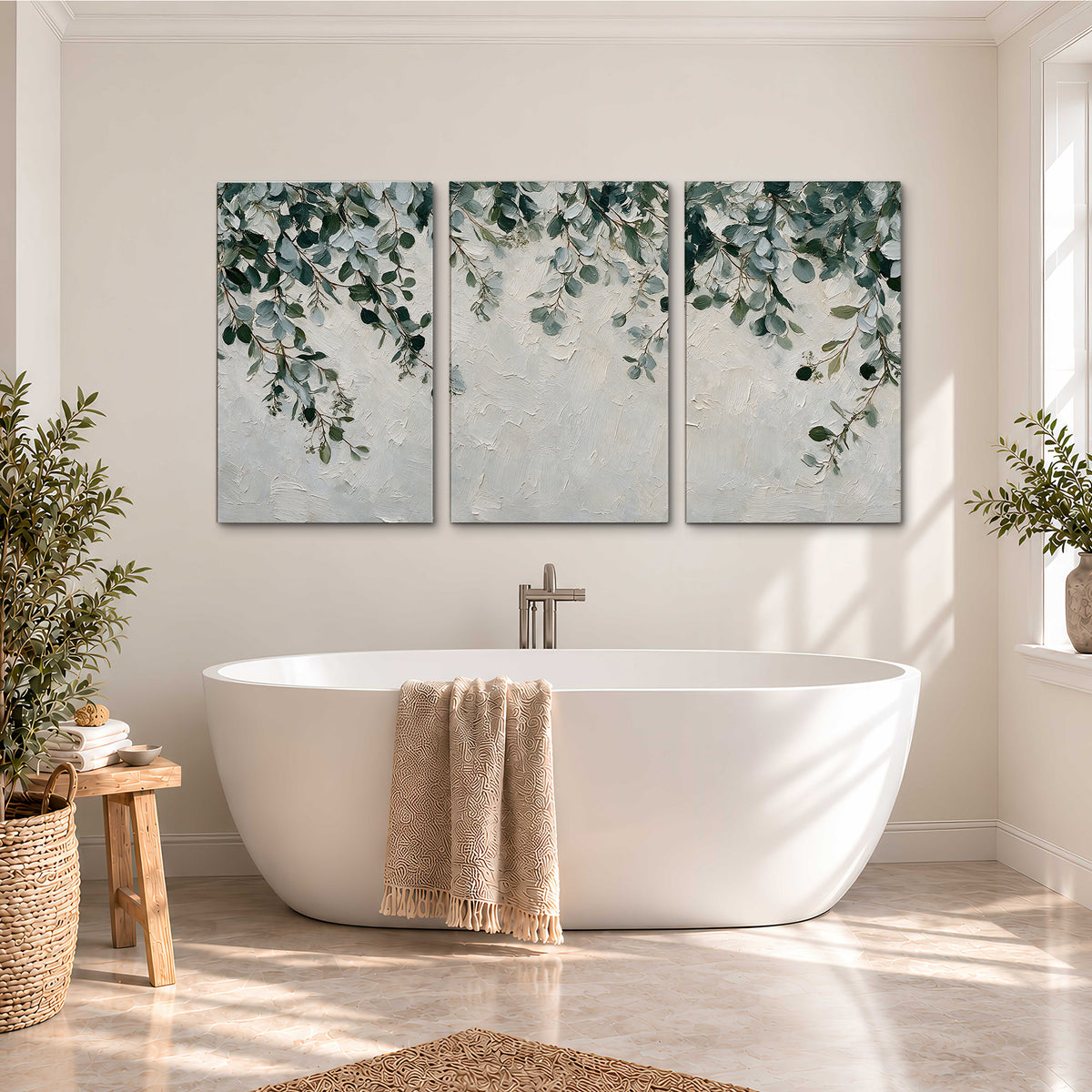 Soft green eucalyptus branches on a cream background 3 piece canvas wall art styled in an interior