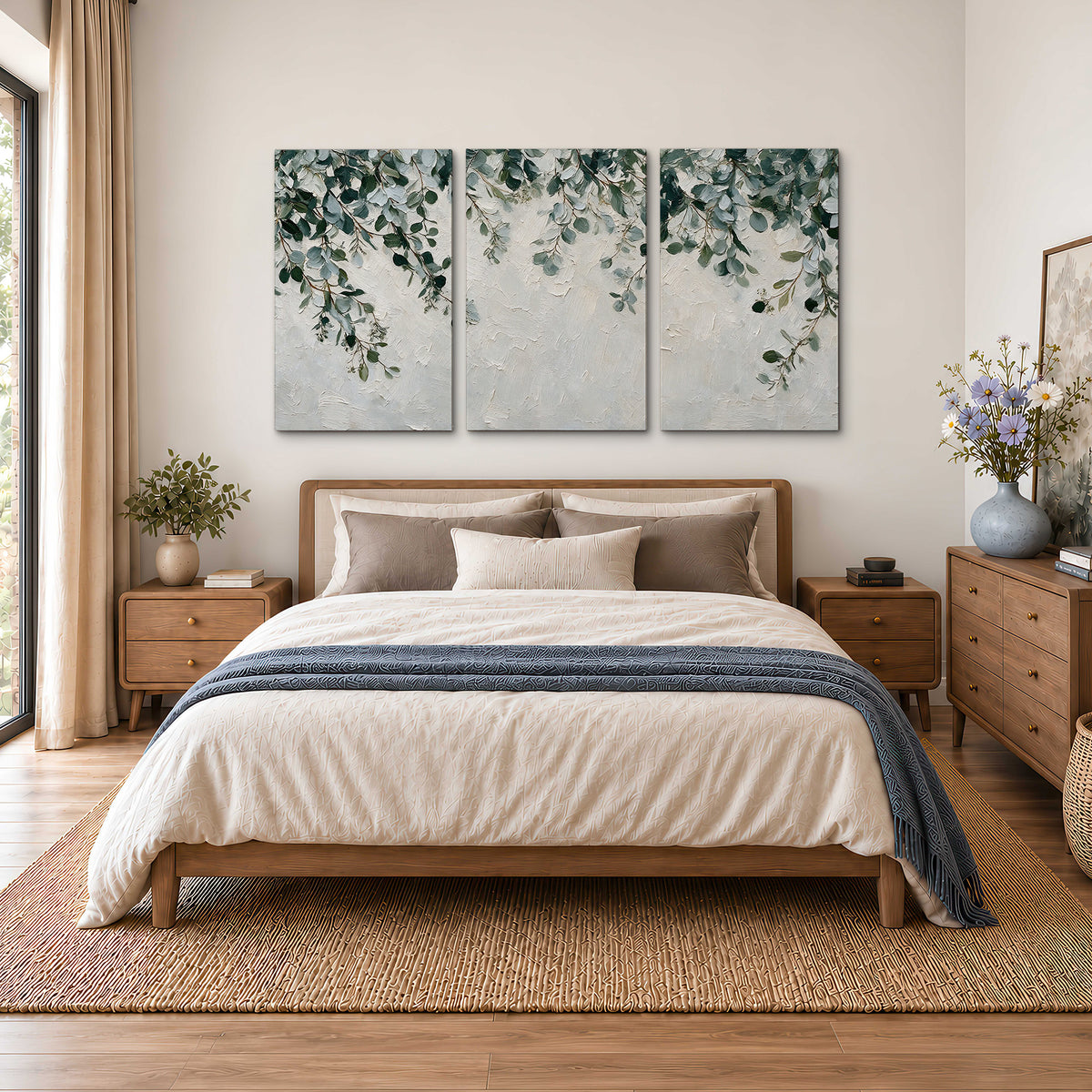 Soft green eucalyptus branches on a cream background 3 piece canvas wall art styled in an interior