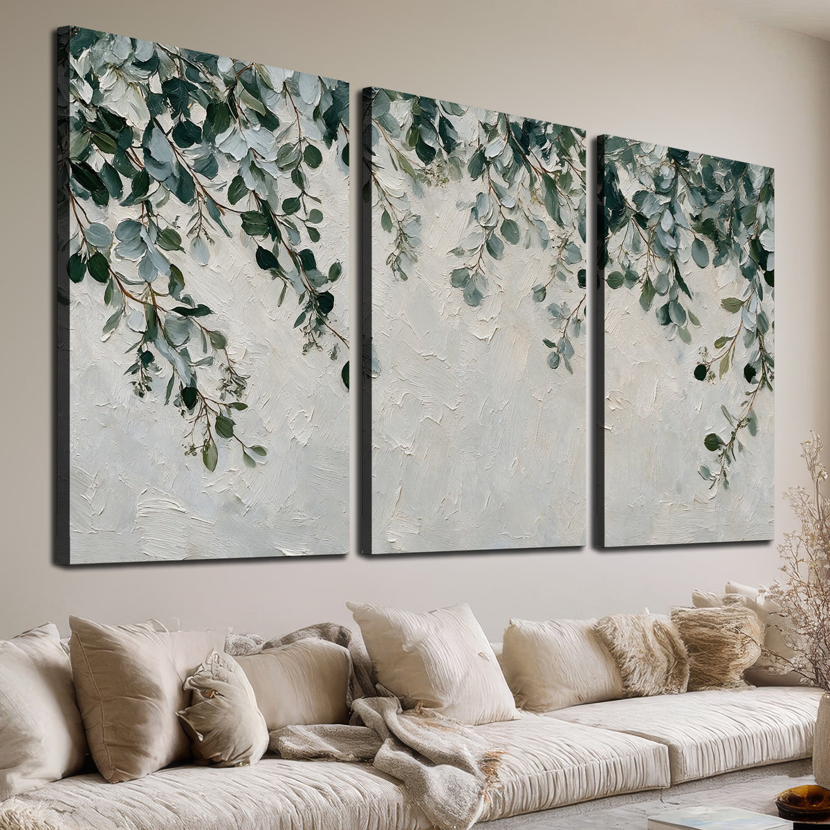 Soft green eucalyptus branches on a cream background 3 piece canvas wall art room and product view