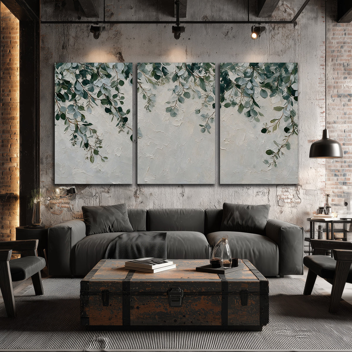 Soft green eucalyptus branches on a cream background 3 piece canvas wall art displayed in a industrial room