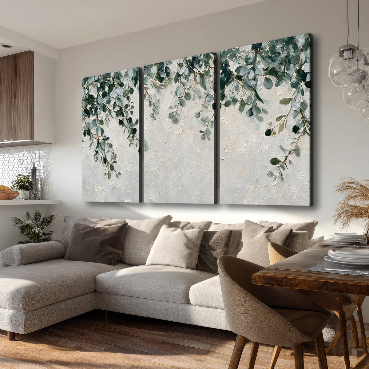 Soft green eucalyptus branches on a cream background 3 piece canvas wall art room and product view
