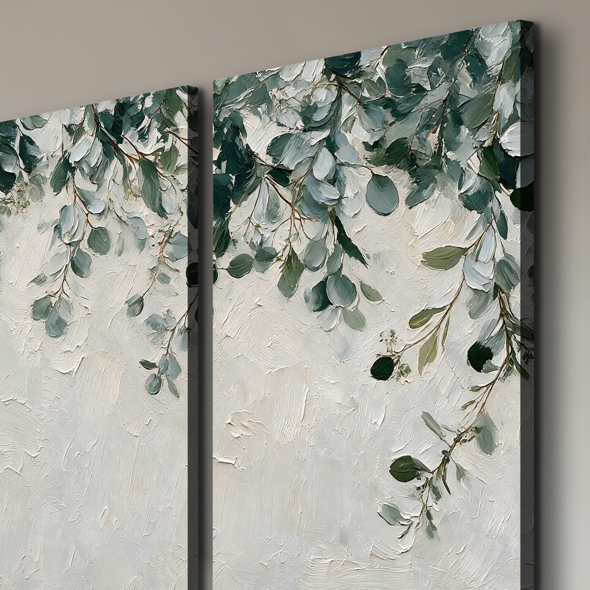Soft green eucalyptus branches on a cream background 3 piece canvas wall art room and product view