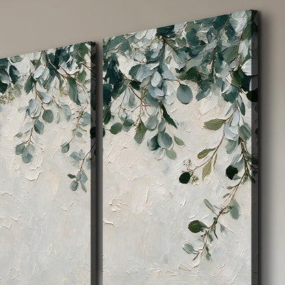Soft green eucalyptus branches on a cream background 3 piece canvas wall art room and product view