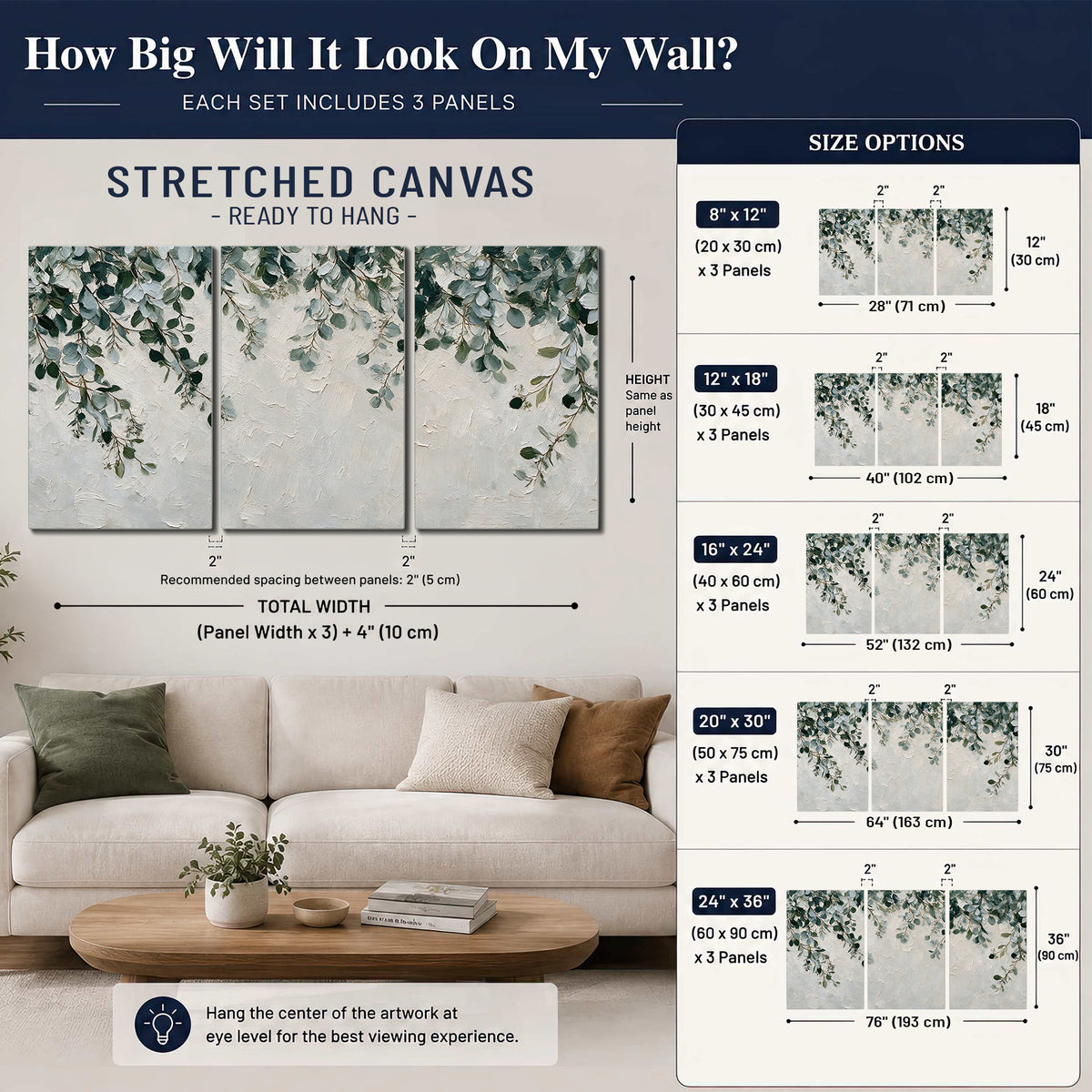 Soft green eucalyptus branches on a cream background 3 piece canvas wall art size guide above a sofa; room view is illustrative