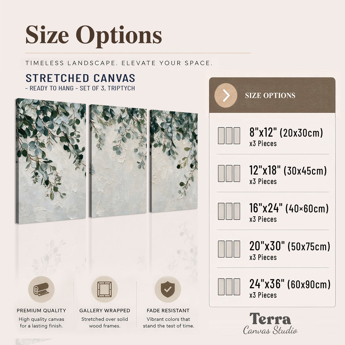 Soft green eucalyptus branches on a cream background 3 piece canvas wall art available dimensions; triptych dimensions are per panel