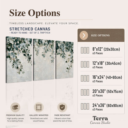 Soft green eucalyptus branches on a cream background 3 piece canvas wall art available dimensions; triptych dimensions are per panel