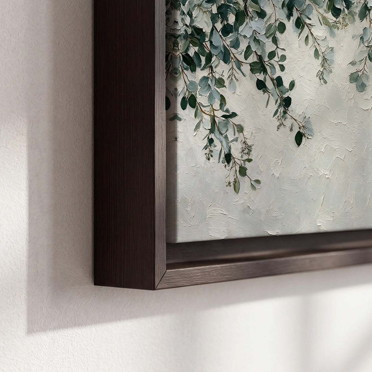 Soft green eucalyptus branches on a cream background 3 piece framed canvas wall art material and edge close up