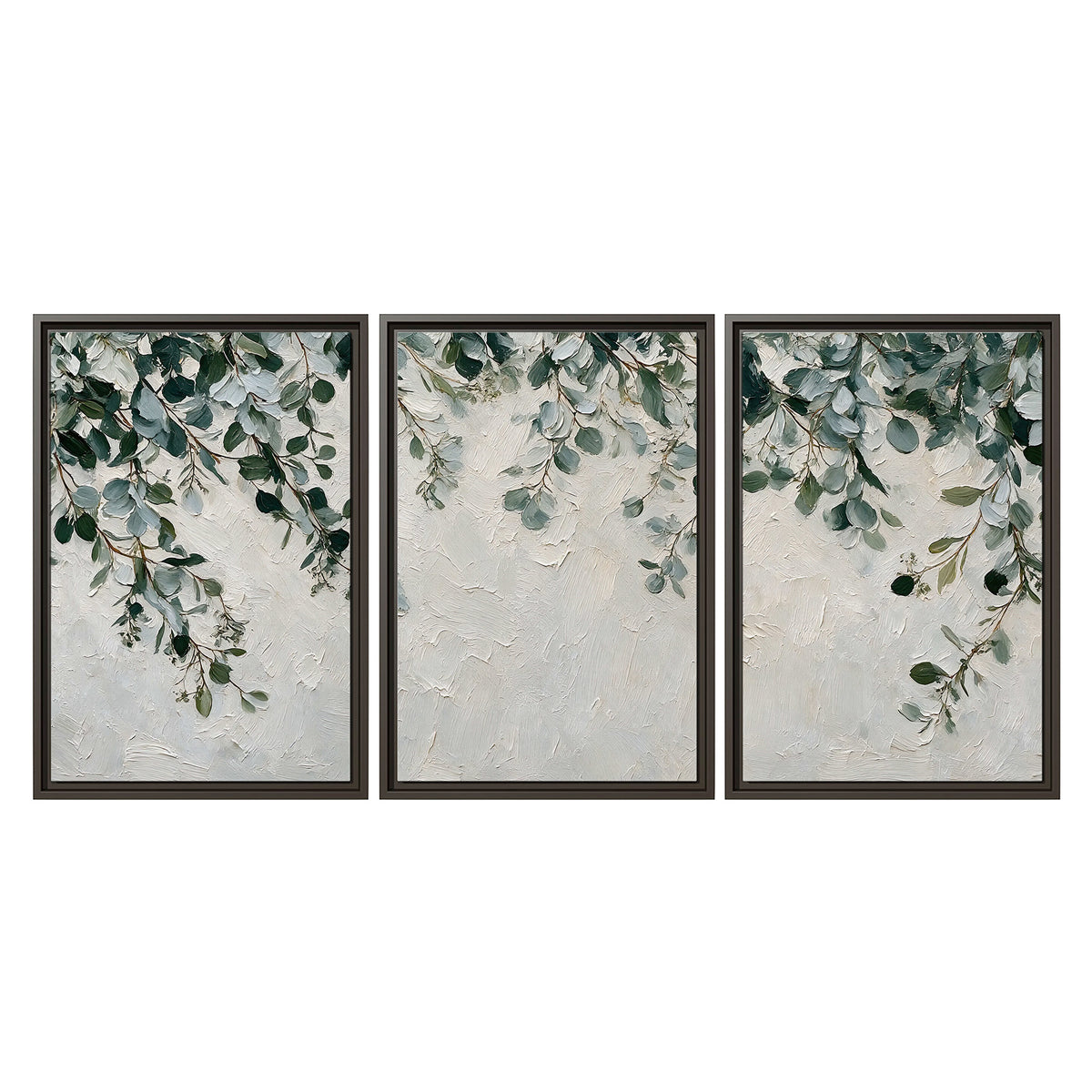 Soft green eucalyptus branches on a cream background 3 piece framed canvas wall art viewed straight on