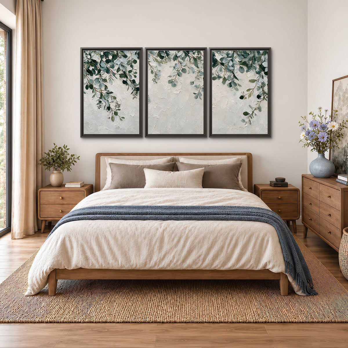 Soft green eucalyptus branches on a cream background 3 piece framed canvas wall art styled in an interior