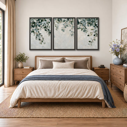 Soft green eucalyptus branches on a cream background 3 piece framed canvas wall art styled in an interior