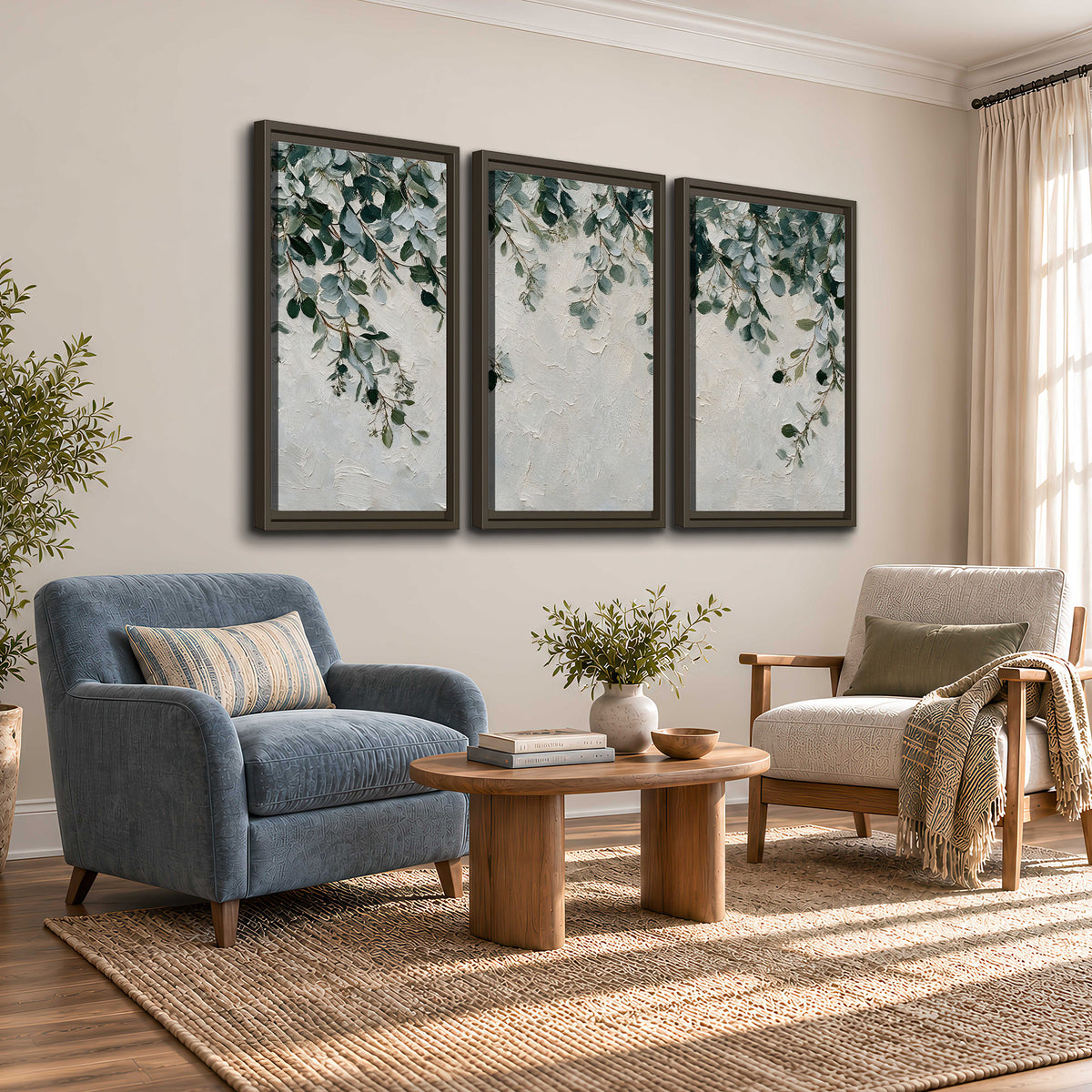 Soft green eucalyptus branches on a cream background 3 piece framed canvas wall art styled in an interior