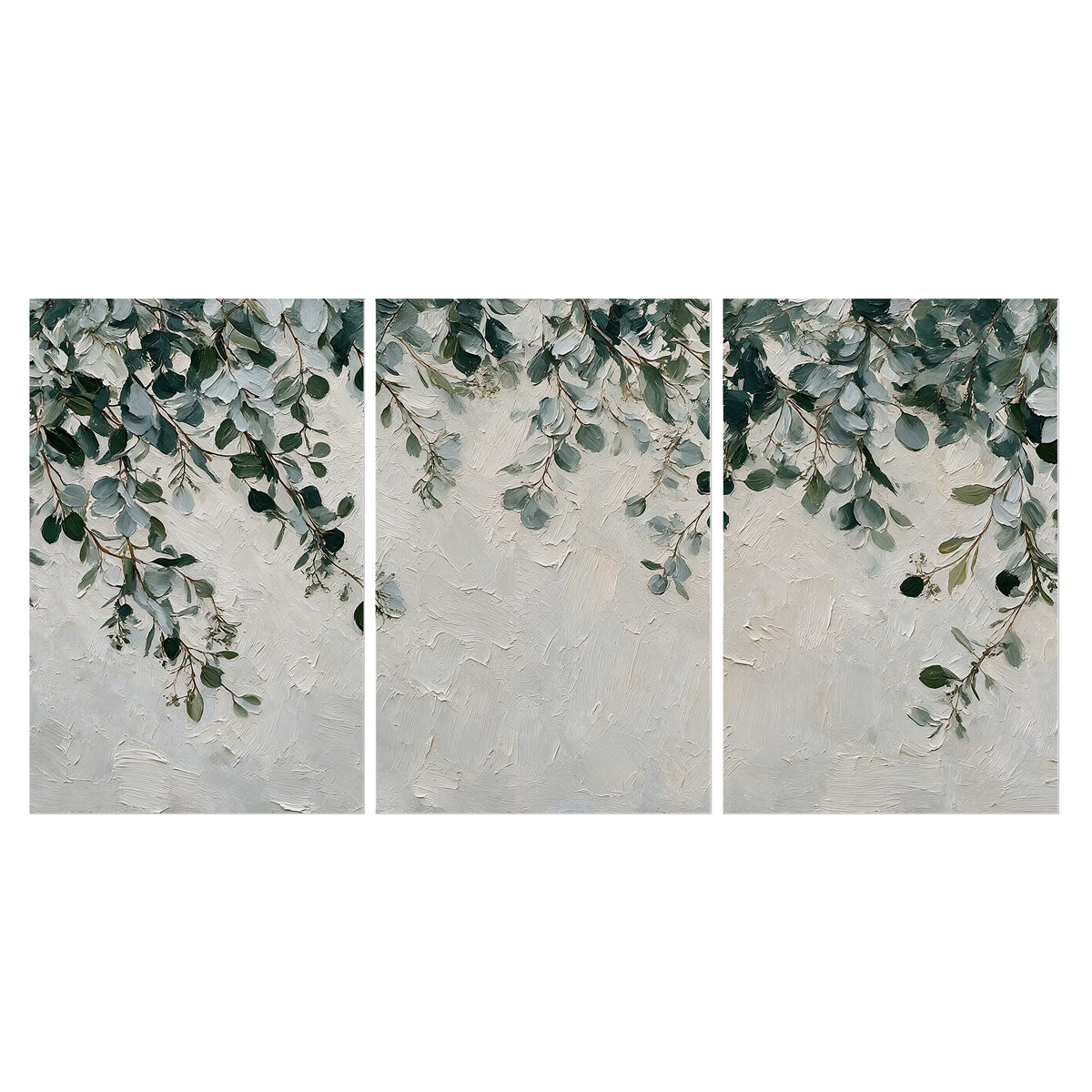 Soft green eucalyptus branches on a cream background set of 3 poster prints viewed straight on