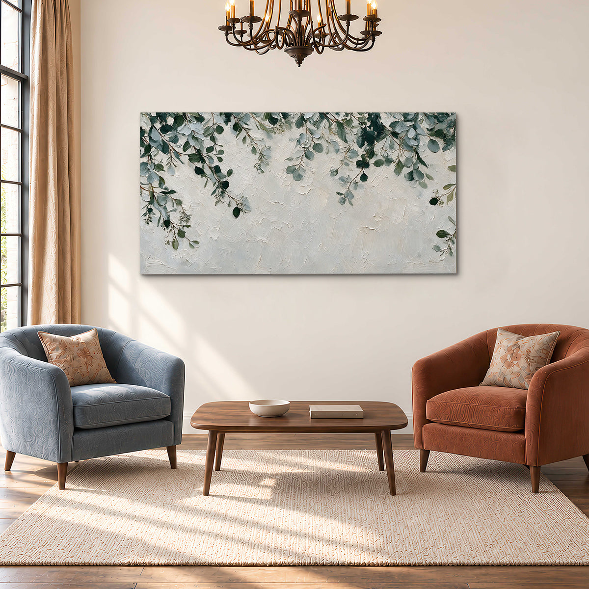 Soft green eucalyptus branches on a cream background single canvas wall art styled in an interior
